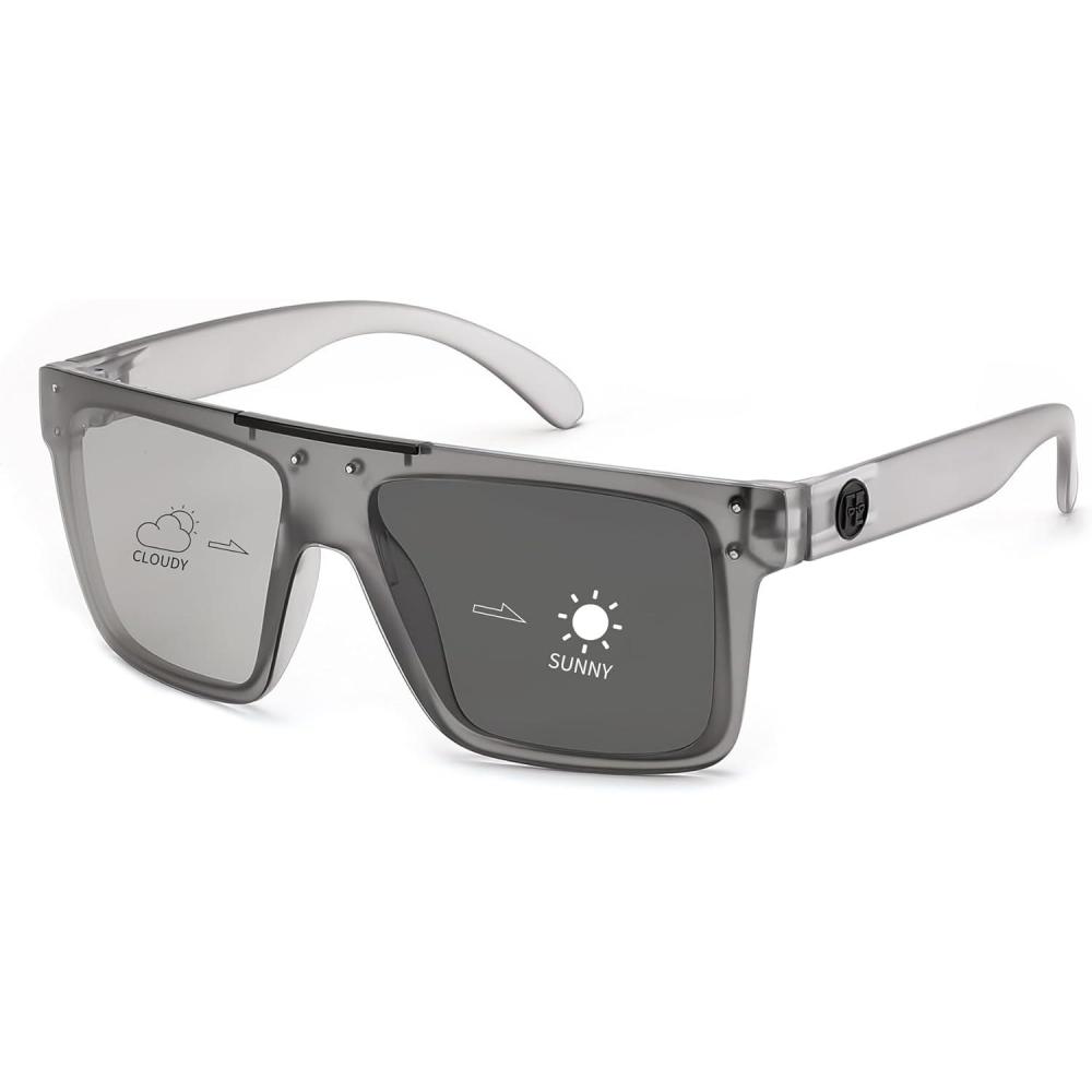 imageFEISEDY Men Sunglasses Polarized Oversized Square Flat Top Cycling Running Fishing Golf Hiking Sports B2990Light Grey Photochromic Mirrors