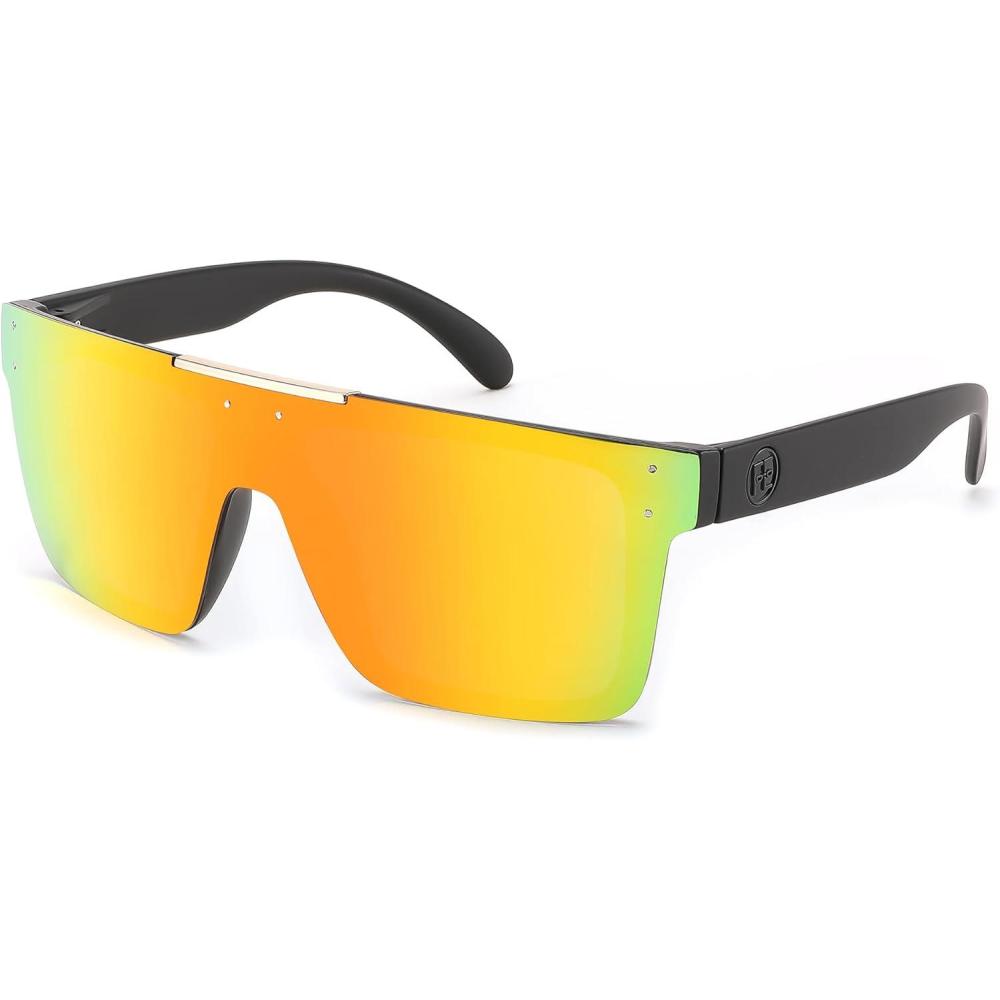 imageFEISEDY Men Sunglasses Polarized Oversized Square Flat Top Cycling Running Fishing Golf Hiking Sports B2990Polarized Red Gold Mirrored Lenses With Black Temples 005