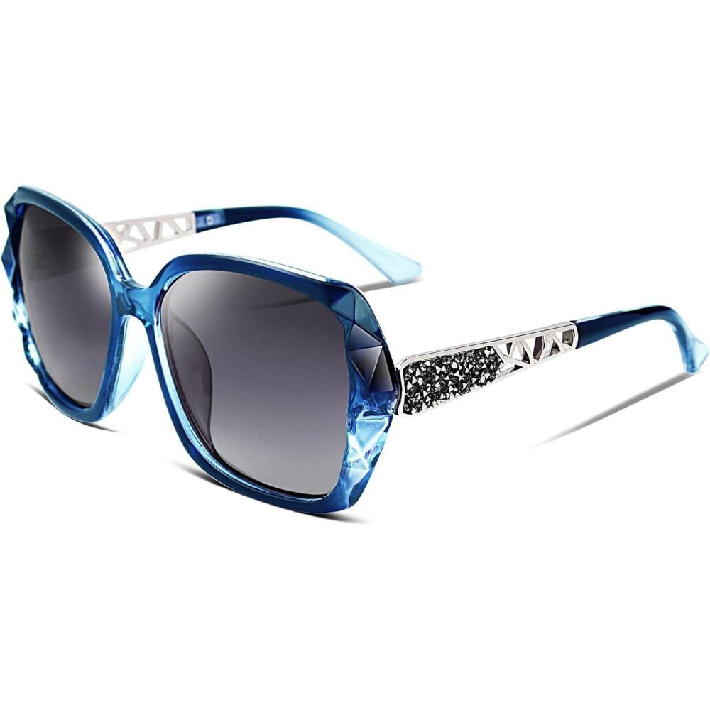 imageFEISEDY Polarized Women Square Sunglasses Sparkling Composite Shiny Frame B22891 BlueFade Smoke