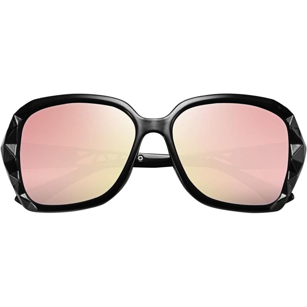 imageFEISEDY Polarized Women Square Sunglasses Sparkling Composite Shiny Frame B22894 BlackRose Gold Pink