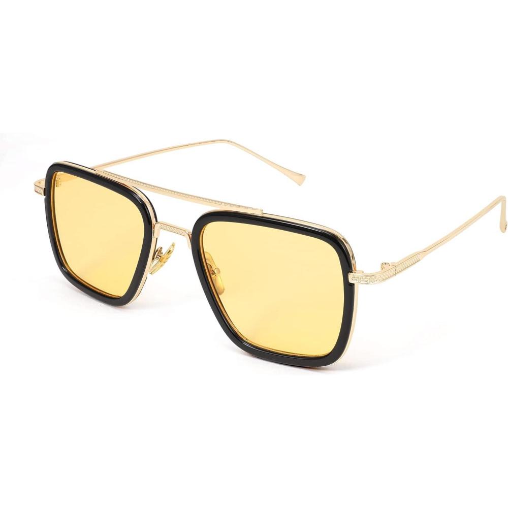 imageFEISEDY Retro 70s Pilot Sunglasses Tony Sunglasses Trendy Women Square Sun Glasses B2510Black Frame Yellow Lens