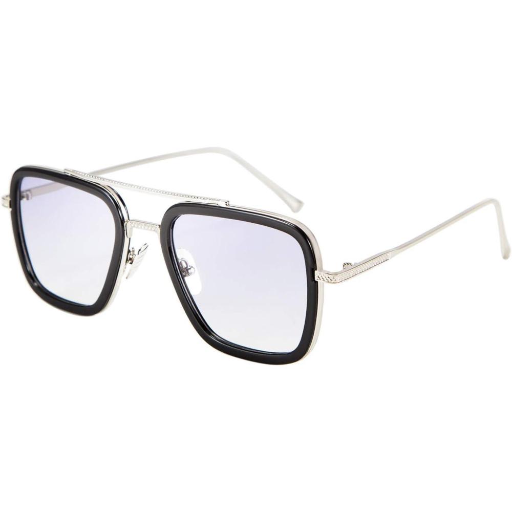 imageFEISEDY Retro 70s Pilot Sunglasses Tony Sunglasses Trendy Women Square Sun Glasses B2510BlackSilver Frame Light Gradient Lens Tony Stark Color