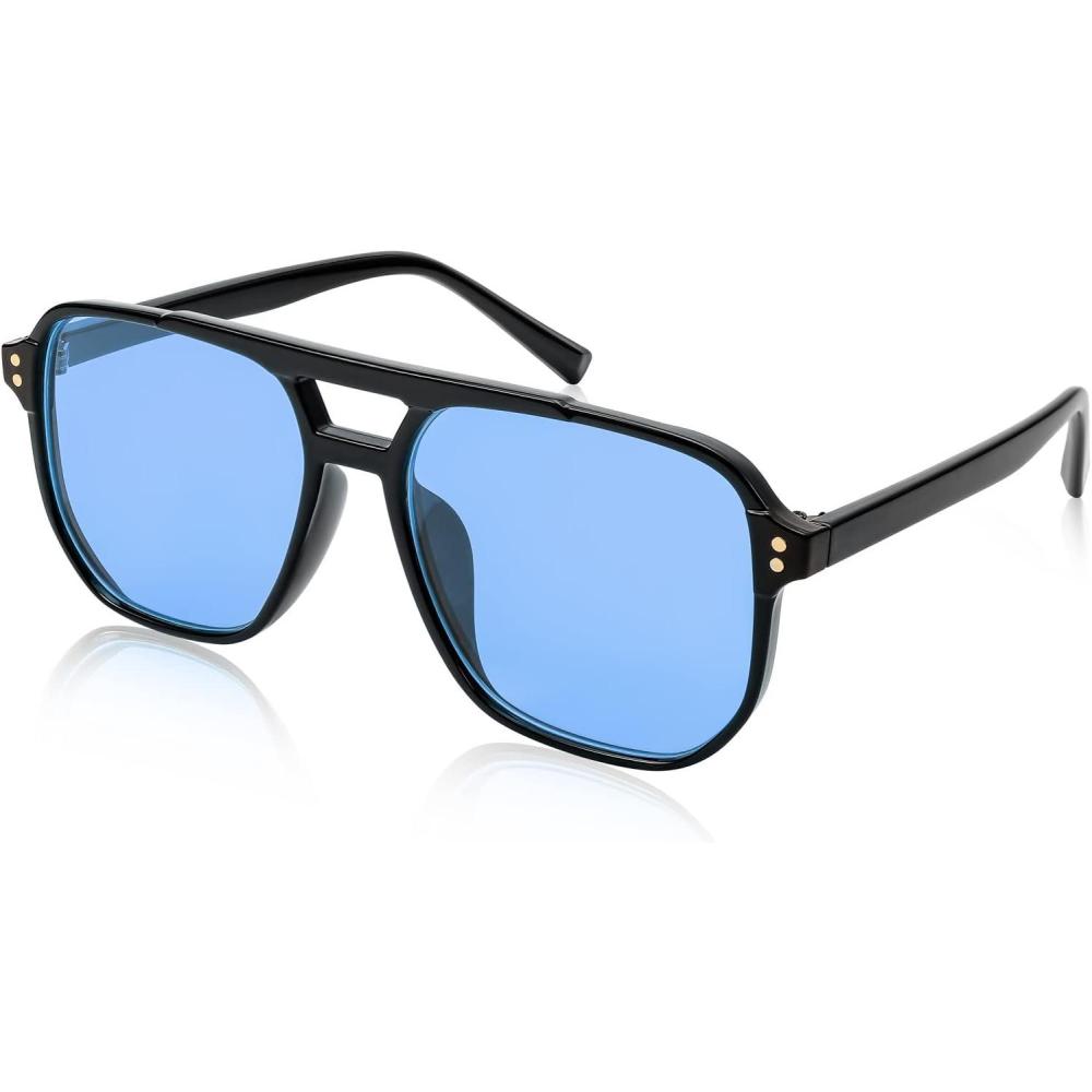 imageFEISEDY Retro Square Aviator Sunglasses Women Men 70s Vintage Trendy Plastic Frame Sun Glasses B2835006 Black FrameBlue Lens