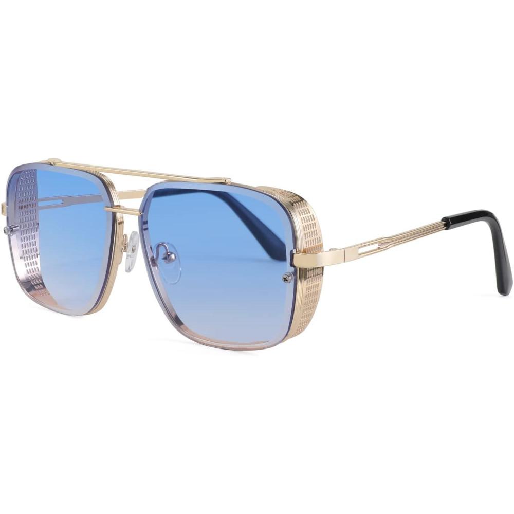 imageFEISEDY Sunglasses Mens Women Vintage Pilot Square Trendy Metal Steampunk Fishing Driving Sun Glasses B2894Gradient Blue
