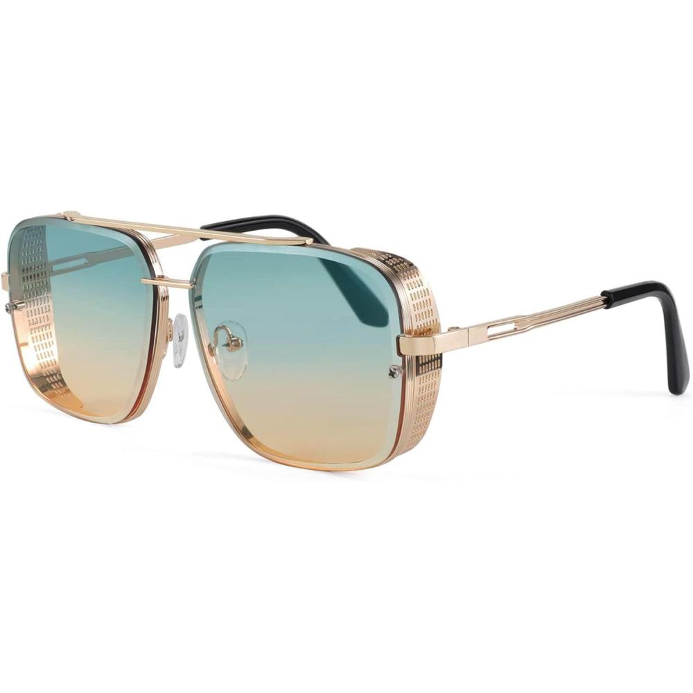 imageFEISEDY Sunglasses Mens Women Vintage Pilot Square Trendy Metal Steampunk Fishing Driving Sun Glasses B2894Gradient Green Pink