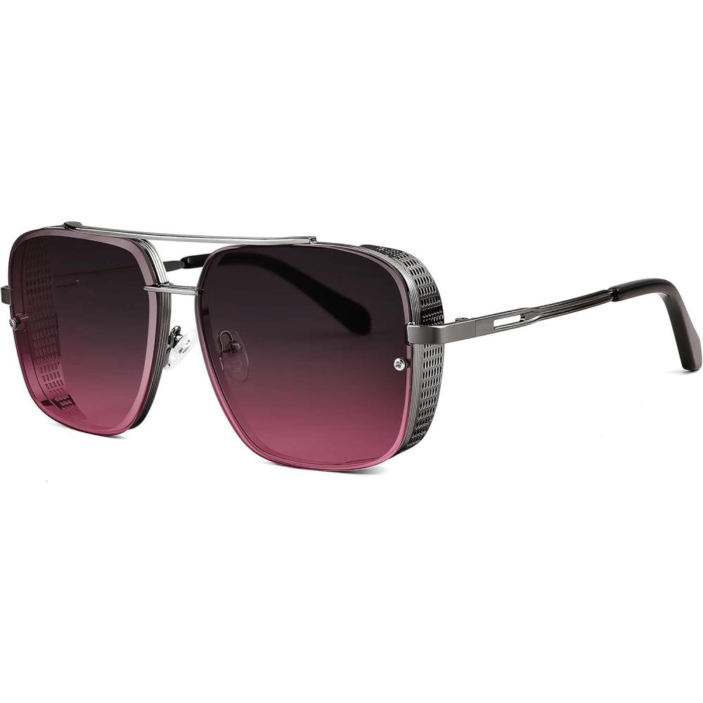 imageFEISEDY Sunglasses Mens Women Vintage Pilot Square Trendy Metal Steampunk Fishing Driving Sun Glasses B2894Gun Grey Frame Gradient Red