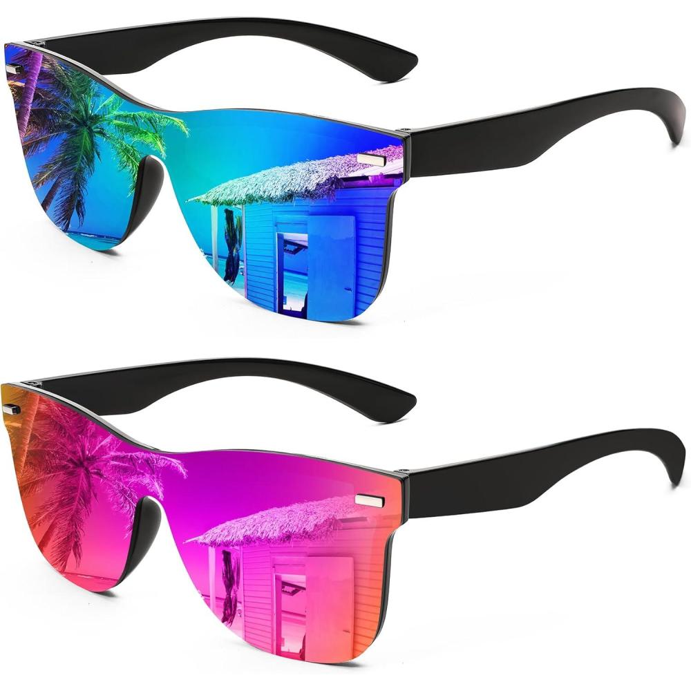 imageFEISEDY Trendy Rimless Mirrored One Piece Lens Sunglasses Reflective Sun Glasses B41142 Packblue Green Mirror Purple Mirror