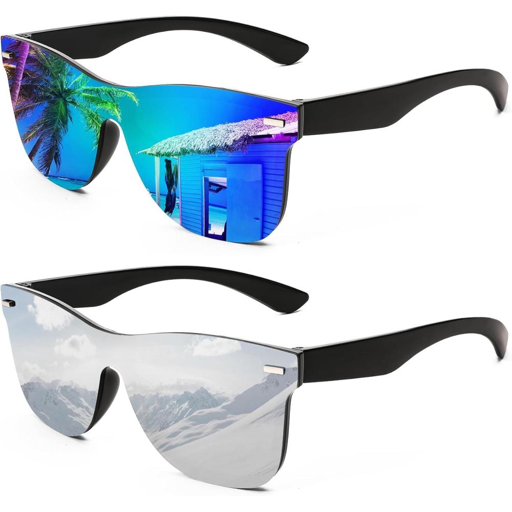 imageFEISEDY Trendy Rimless Mirrored One Piece Lens Sunglasses Reflective Sun Glasses B41142 Packgreen Blue Mirror Sliver Mirror