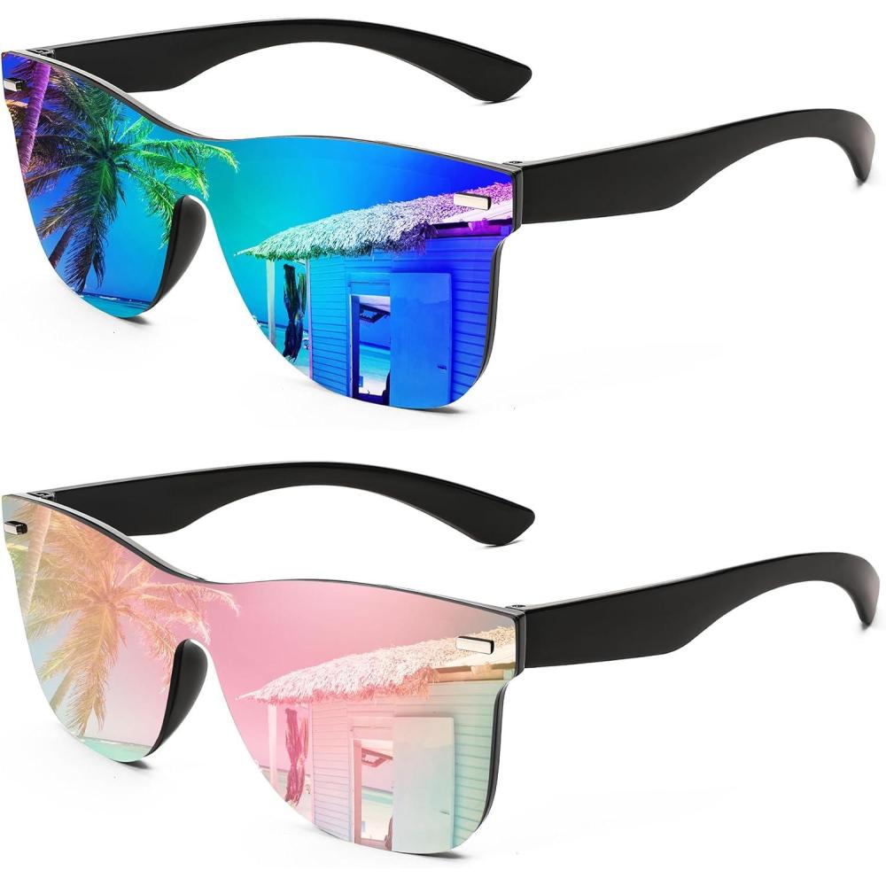 imageFEISEDY Trendy Rimless Mirrored One Piece Lens Sunglasses Reflective Sun Glasses B41142 Packpink Mirror Blue Green Mirror