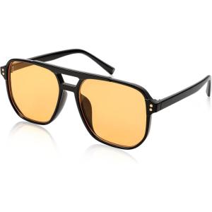 FEISEDY Retro Square Aviator Sunglasses Women Men 70s Vintage Trendy Plastic Frame Sun Glasses B2835(007 Black Frame/Yellow Lens)