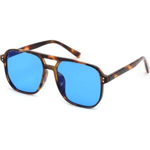 FEISEDY Retro Square Aviator Sunglasses Women Men 70s Vintage Trendy Plastic Frame Sun Glasses B2835(023 Leopard Frame/Blue Lens)