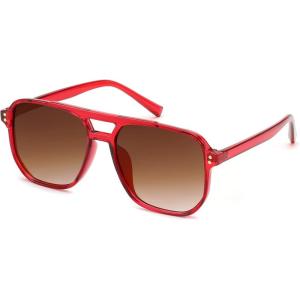FEISEDY Retro Square Aviator Sunglasses Women Men 70s Vintage Trendy Plastic Frame Sun Glasses B2835(Red Frame/Gradient Brown Lens)