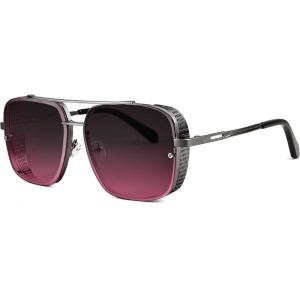 FEISEDY Sunglasses Mens Women Vintage Pilot Square Trendy Metal Steampunk Fishing Driving Sun Glasses B2894(Gun Grey Frame Gradient Red)