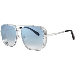 FEISEDY Sunglasses Mens Women Vintage Pilot Square Trendy Metal Steampunk Fishing Driving Sun Glasses B2894(Silver Gradient Grey Blue)