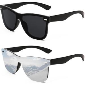 FEISEDY Trendy Rimless Mirrored One Piece Lens Sunglasses Reflective Sun Glasses B4114((2 Pack)black & Sliver Mirror)