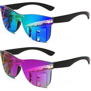 FEISEDY Trendy Rimless Mirrored One Piece Lens Sunglasses Reflective Sun Glasses B4114((2 Pack)blue Green Mirror & Dark Purple Mirror)