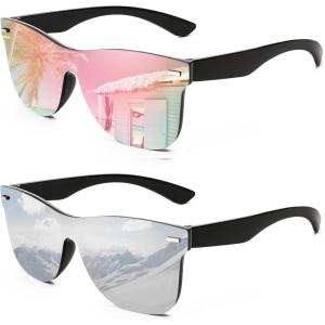 FEISEDY Trendy Rimless Mirrored One Piece Lens Sunglasses Reflective Sun Glasses B4114((2 Pack)pink Mirror & Sliver Mirror)