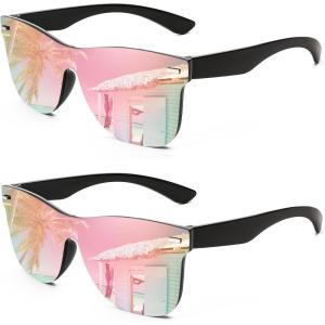 FEISEDY Trendy Rimless Mirrored One Piece Lens Sunglasses Reflective Sun Glasses B4114((2 Pack)pink Mirror)