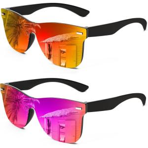 FEISEDY Trendy Rimless Mirrored One Piece Lens Sunglasses Reflective Sun Glasses B4114((2 Pack)purple Mirror & Red Mirror)