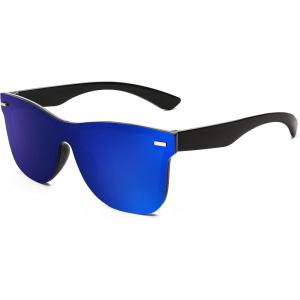 FEISEDY Trendy Rimless Mirrored One Piece Lens Sunglasses Reflective Sun Glasses B4114(Black Frame/Blue Mirror)