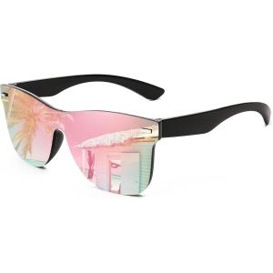 FEISEDY Trendy Rimless Mirrored One Piece Lens Sunglasses Reflective Sun Glasses B4114(Black Frame/Pink Mirror)