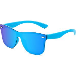 FEISEDY Trendy Rimless Mirrored One Piece Lens Sunglasses Reflective Sun Glasses B4114(Blue Frame/Blue Mirror)