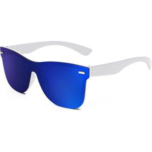 FEISEDY Trendy Rimless Mirrored One Piece Lens Sunglasses Reflective Sun Glasses B4114(White Frame/Blue Mirror)