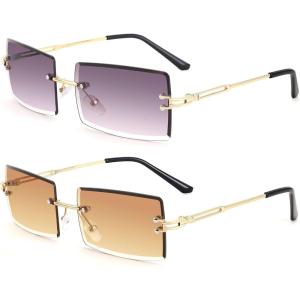 FEISEDY Vintage Rimless Sunglasses Rectangle Frameless Candy Color Glasses Women Men B2642(2pack (01 Gradual Grey+03 Tea))