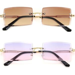 FEISEDY Vintage Rimless Sunglasses Rectangle Frameless Candy Color Glasses Women Men B2642(2pack (03 Tea+04 Purple Pink))