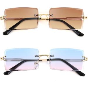 FEISEDY Vintage Rimless Sunglasses Rectangle Frameless Candy Color Glasses Women Men B2642(2pack (03 Tea+06 Blue Pink))