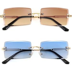 FEISEDY Vintage Rimless Sunglasses Rectangle Frameless Candy Color Glasses Women Men B2642(2pack (03 Tea+13 Gradual Blue))