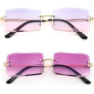 FEISEDY Vintage Rimless Sunglasses Rectangle Frameless Candy Color Glasses Women Men B2642(2pack (04 Purple Pink+12 Gradual Purple))