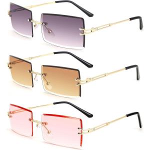 FEISEDY Vintage Rimless Sunglasses Rectangle Frameless Candy Color Glasses Women Men B2642(3pack (01 Gradual Grey+03 Tea+05 Glamour Pink))