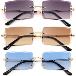 FEISEDY Vintage Rimless Sunglasses Rectangle Frameless Candy Color Glasses Women Men B2642(3pack (01 Gradual Grey+03 Tea+13 Gradual Blue))