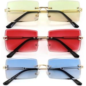 FEISEDY Vintage Rimless Sunglasses Rectangle Frameless Candy Color Glasses Women Men B2642(3pack (08 Yellow Pink+09 Red+13 Gradual Blue))