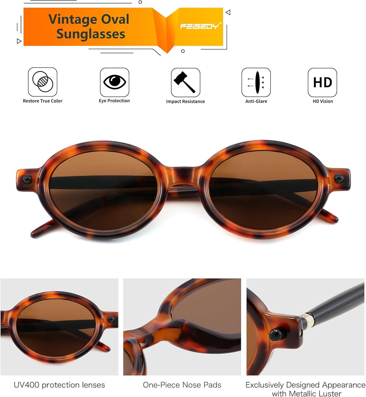 imageFEISEDY 2Pack Retro Oval Sunglasses for Women Men 90s Narrow Small Round Shades Y2k Trendy Sunnies UV400 B0280