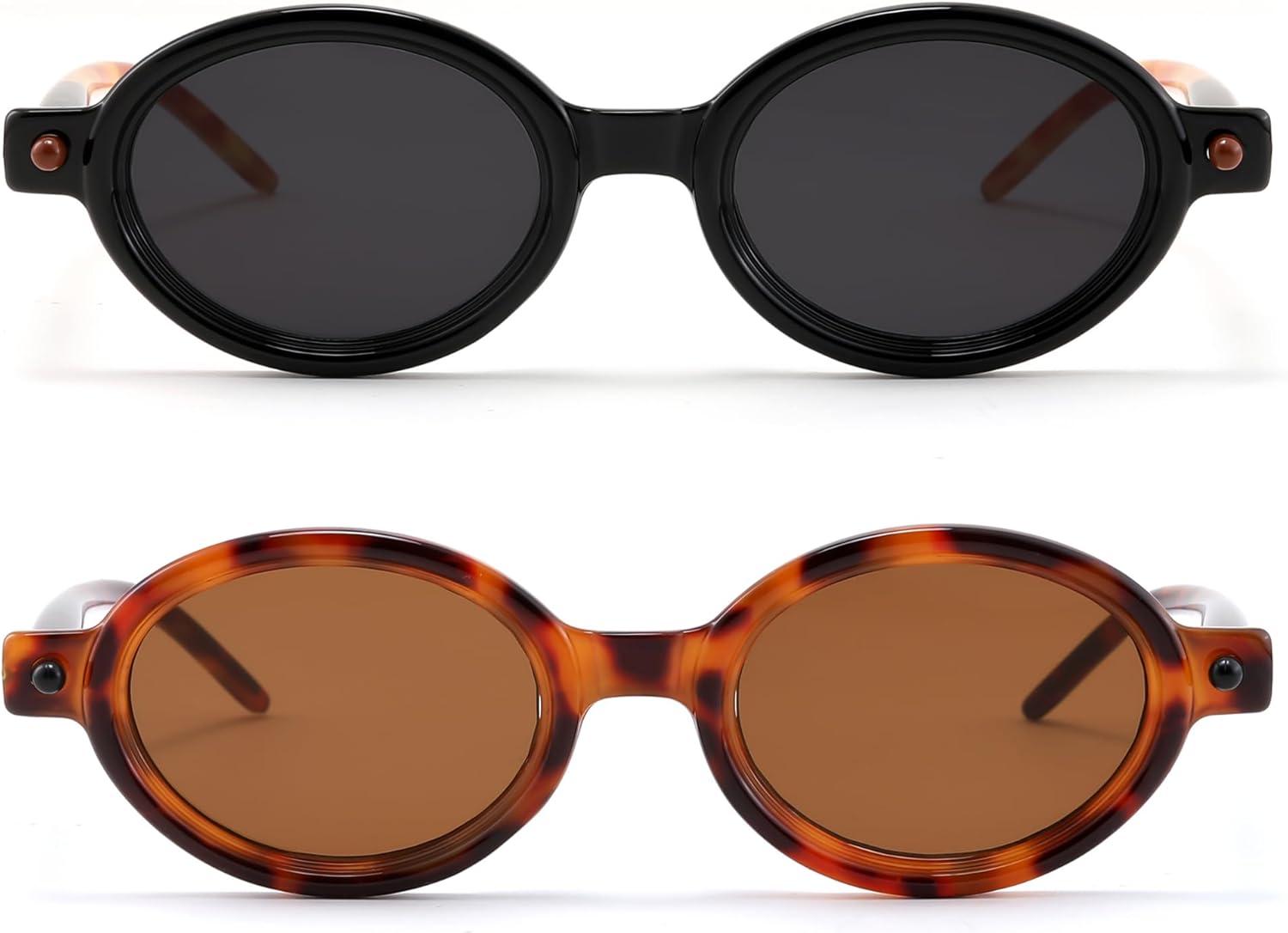 imageFEISEDY 2Pack Retro Oval Sunglasses for Women Men 90s Narrow Small Round Shades Y2k Trendy Sunnies UV400 B0280