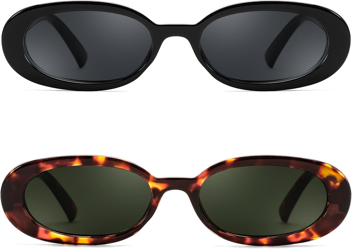 imageFEISEDY 2Pack Women Retro Oval Sunglasses Men 90s Small with Thin Face Narrow Style UV400 B0237
