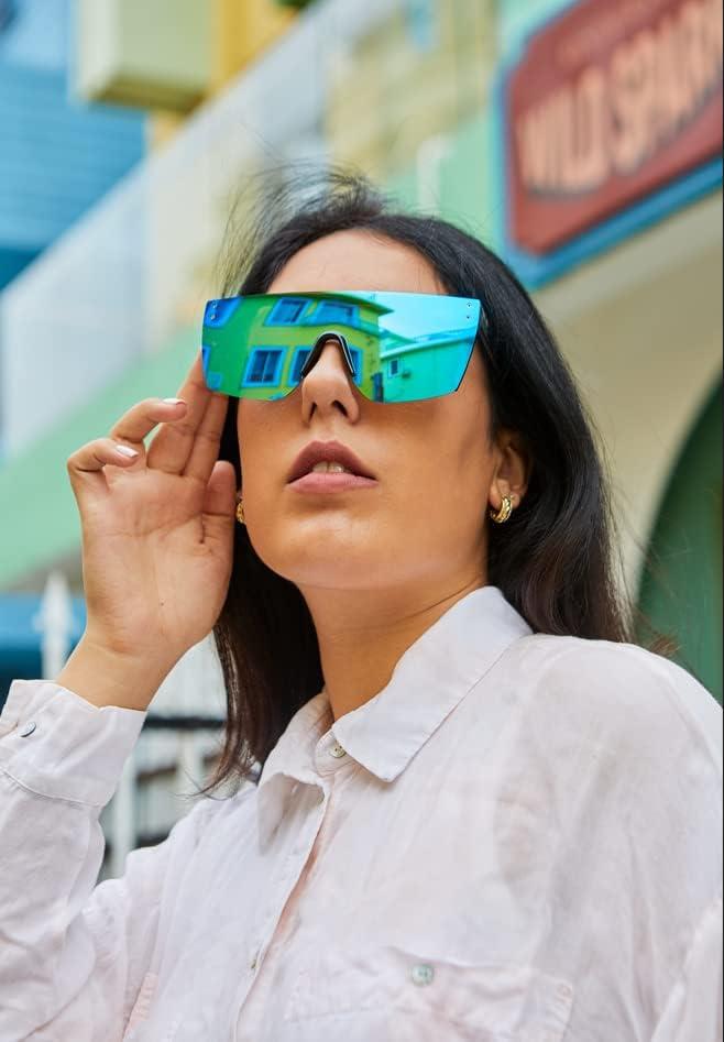 imageFEISEDY Mirrored Oversized Rimless Sunglasses for Women Men Flat Top Shield Wrap Square UV400 B2761