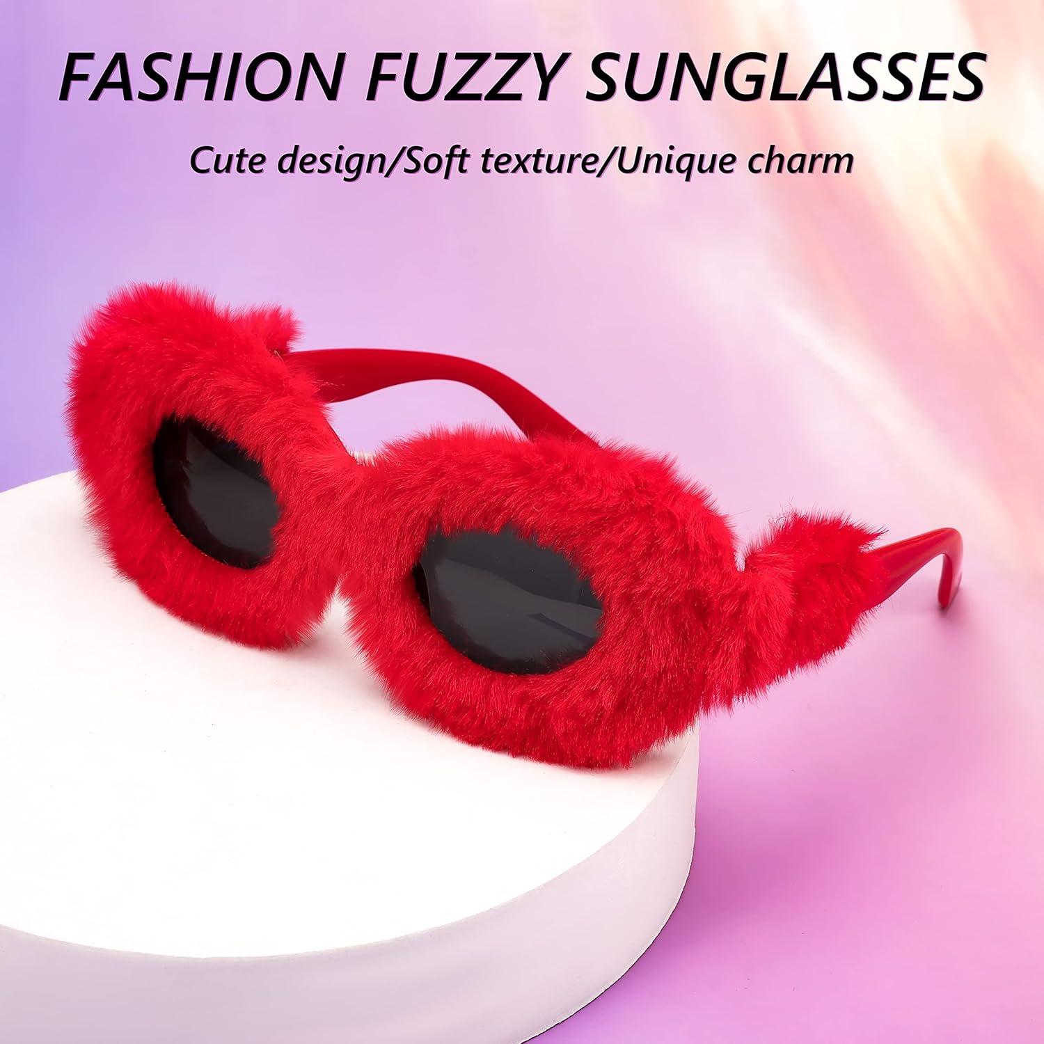 imageFEISEDY Plush Fuzzy Oval Sunglasses Women Y2K Punk Soft Velvet Shades Ladies Handmade Party Masquerade Eyewear B9085