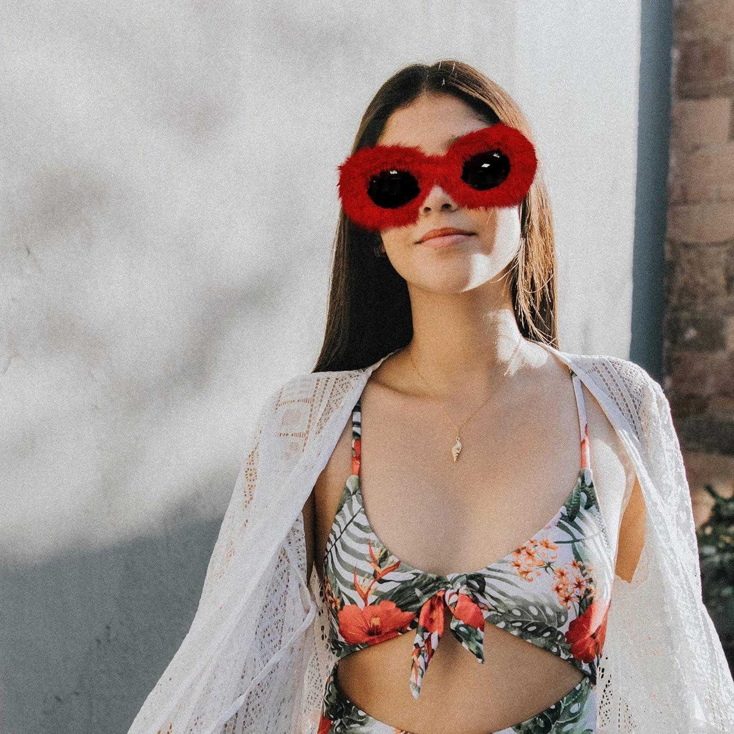 imageFEISEDY Plush Fuzzy Oval Sunglasses Women Y2K Punk Soft Velvet Shades Ladies Handmade Party Masquerade Eyewear B9085