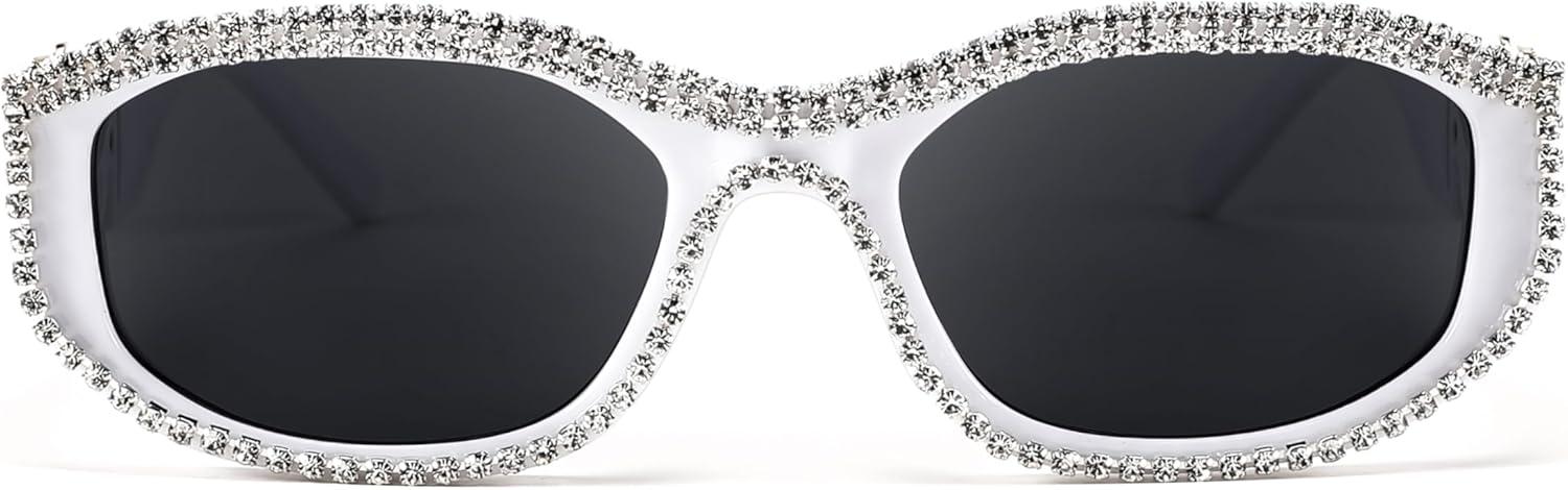 imageFEISEDY Rectangle Rhinestone Sunglasses for Women Men Bling Jeweled Retro Square Sunglasses 90s Vintage Shades B0091WhiteRhinestone