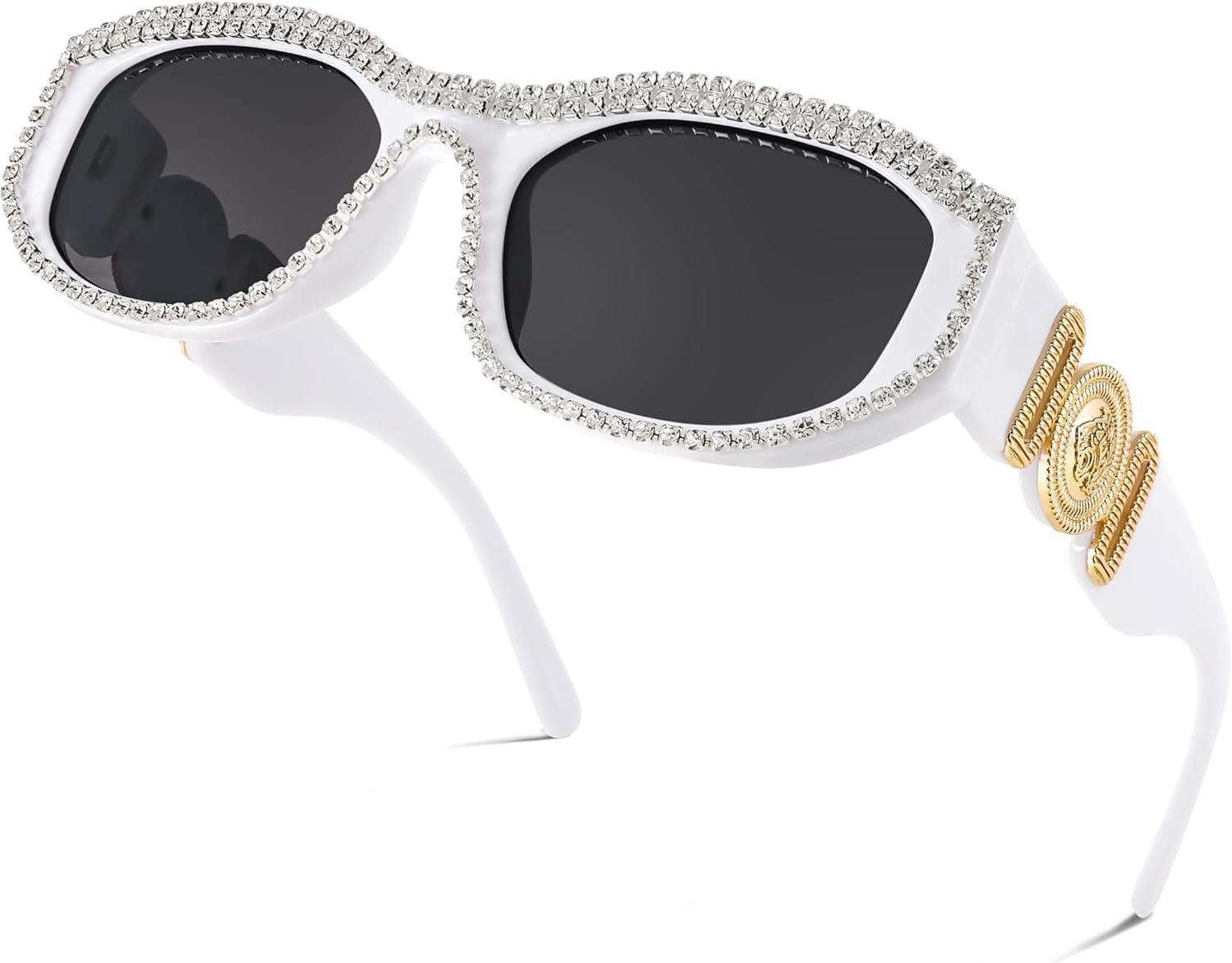 imageFEISEDY Rectangle Rhinestone Sunglasses for Women Men Bling Jeweled Retro Square Sunglasses 90s Vintage Shades B0091WhiteRhinestone