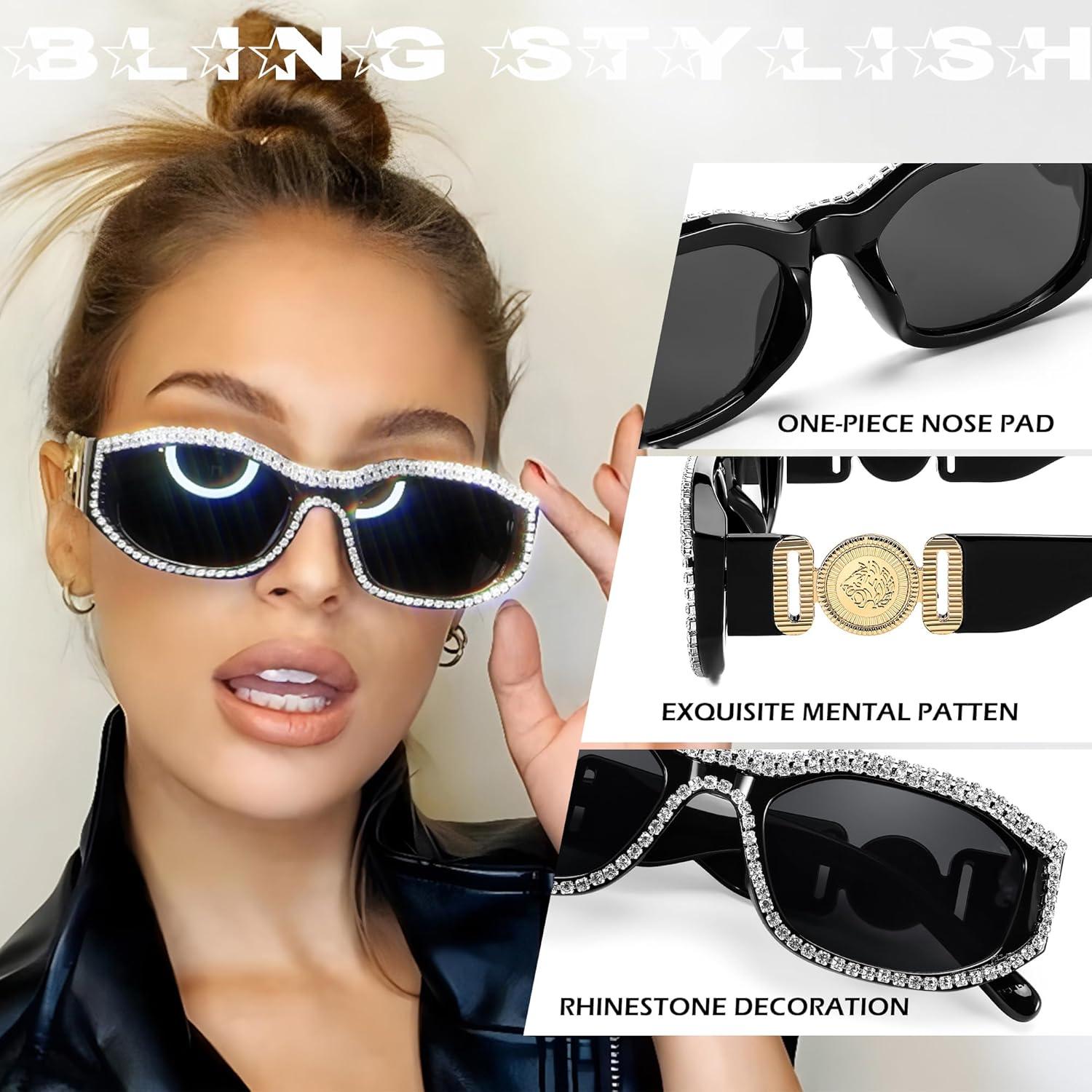 imageFEISEDY Rectangle Rhinestone Sunglasses for Women Men Bling Jeweled Retro Square Sunglasses 90s Vintage Shades B0091WhiteRhinestone