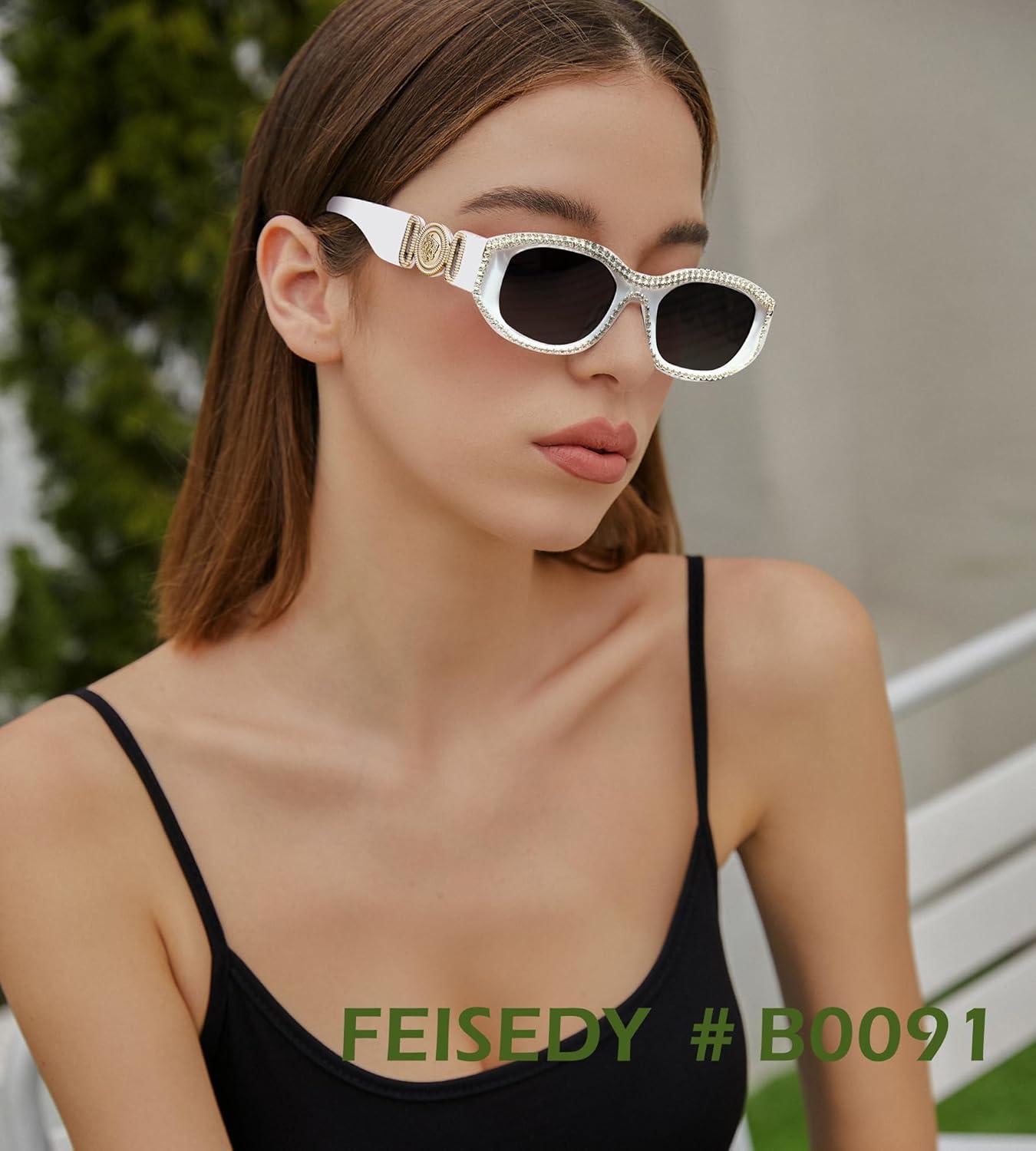 imageFEISEDY Rectangle Rhinestone Sunglasses for Women Men Bling Jeweled Retro Square Sunglasses 90s Vintage Shades B0091WhiteRhinestone