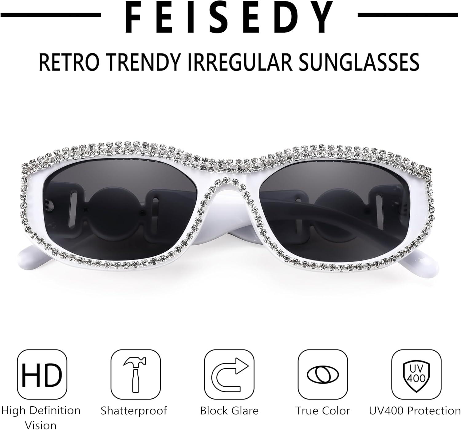 imageFEISEDY Rectangle Rhinestone Sunglasses for Women Men Bling Jeweled Retro Square Sunglasses 90s Vintage Shades B0091WhiteRhinestone