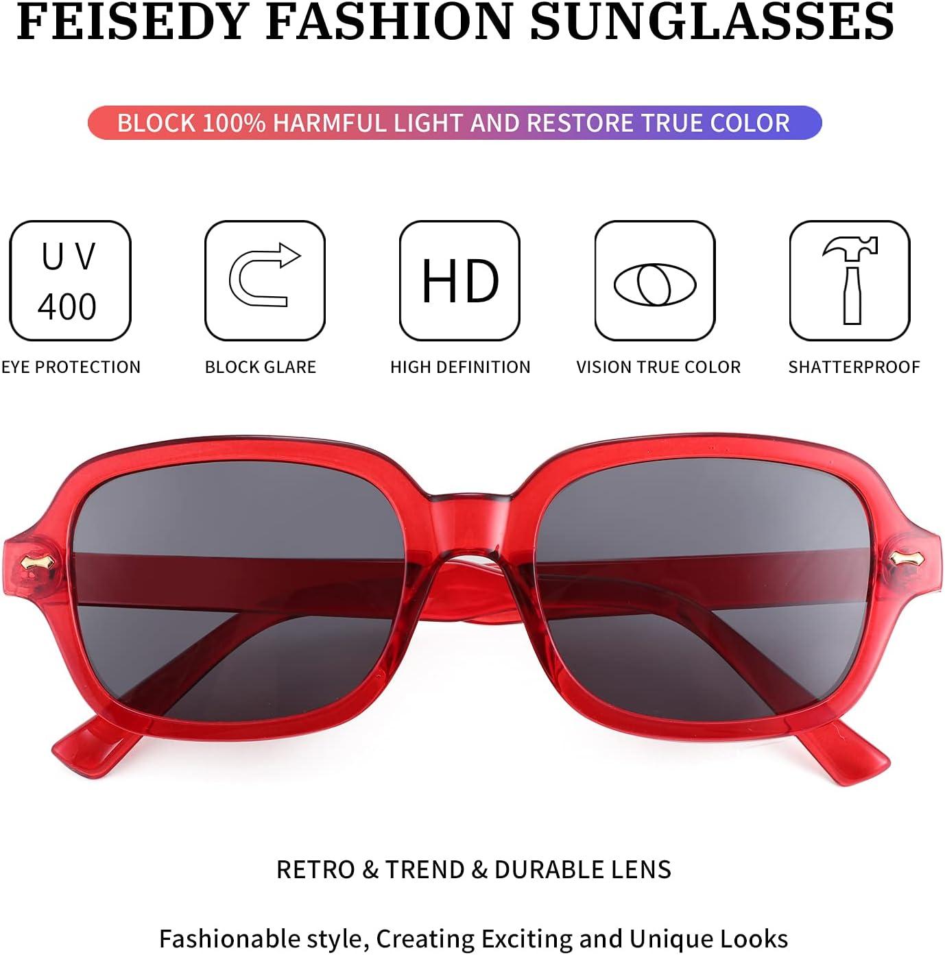 imageFEISEDY Retro 90s Rectangle Sunglasses Oval Yellow Sunglasses Trendy Irregular Square Sun Glasses for Women Men B2790005 Red Frame Grey Lens