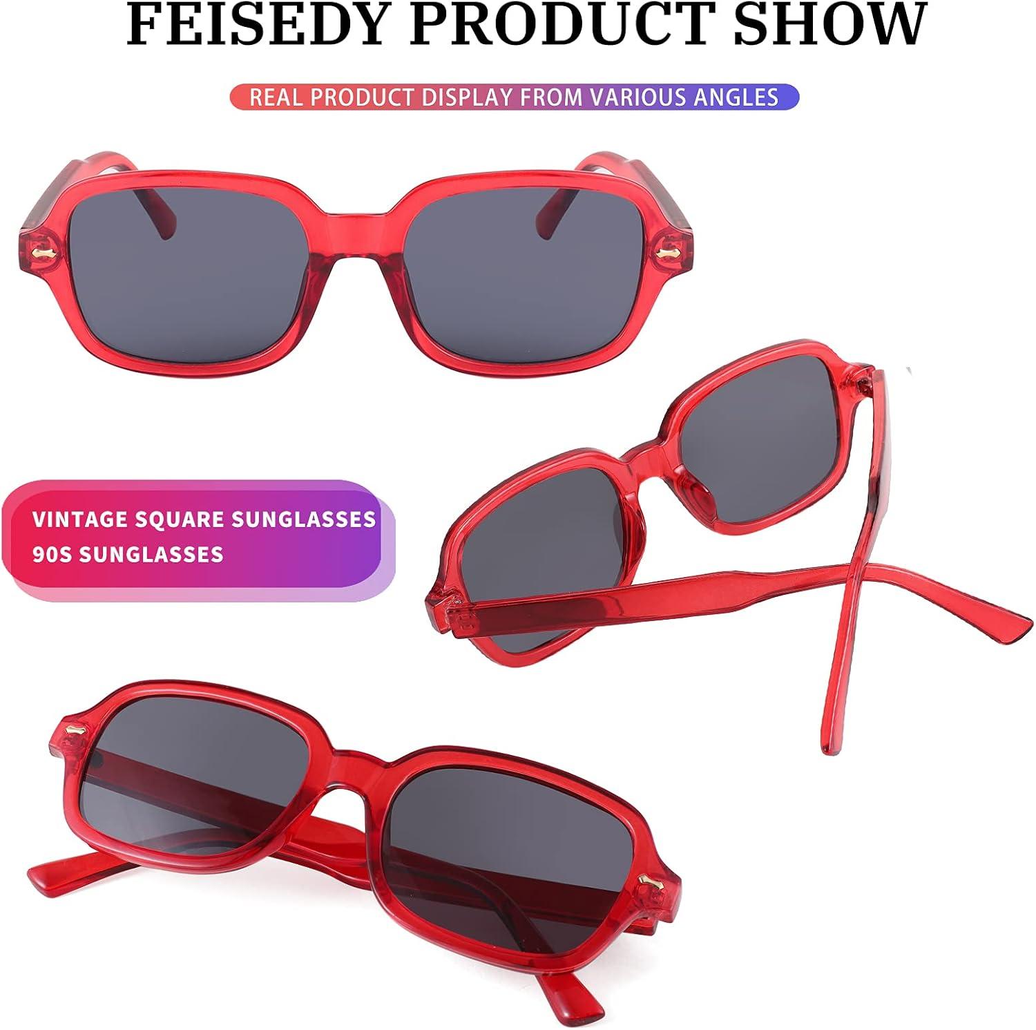 imageFEISEDY Retro 90s Rectangle Sunglasses Oval Yellow Sunglasses Trendy Irregular Square Sun Glasses for Women Men B2790005 Red Frame Grey Lens