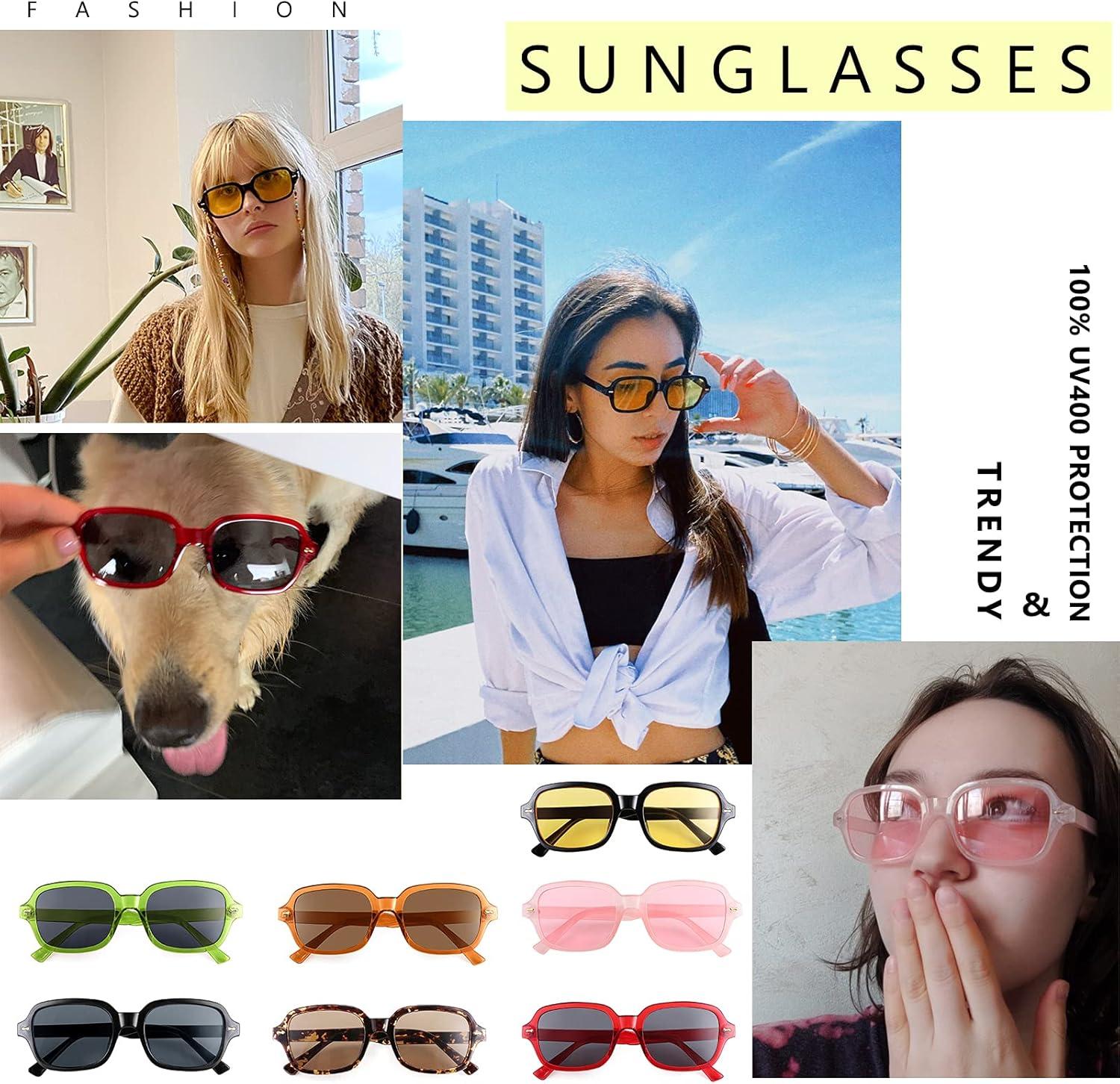 imageFEISEDY Retro 90s Rectangle Sunglasses Oval Yellow Sunglasses Trendy Irregular Square Sun Glasses for Women Men B2790005 Red Frame Grey Lens