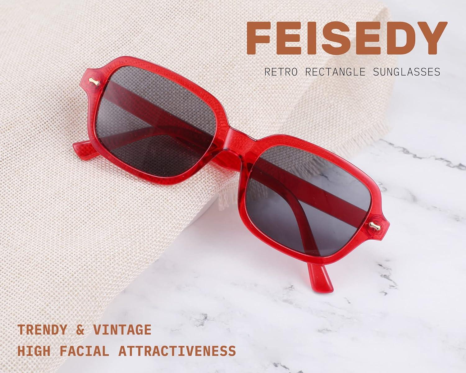 imageFEISEDY Retro 90s Rectangle Sunglasses Oval Yellow Sunglasses Trendy Irregular Square Sun Glasses for Women Men B2790005 Red Frame Grey Lens
